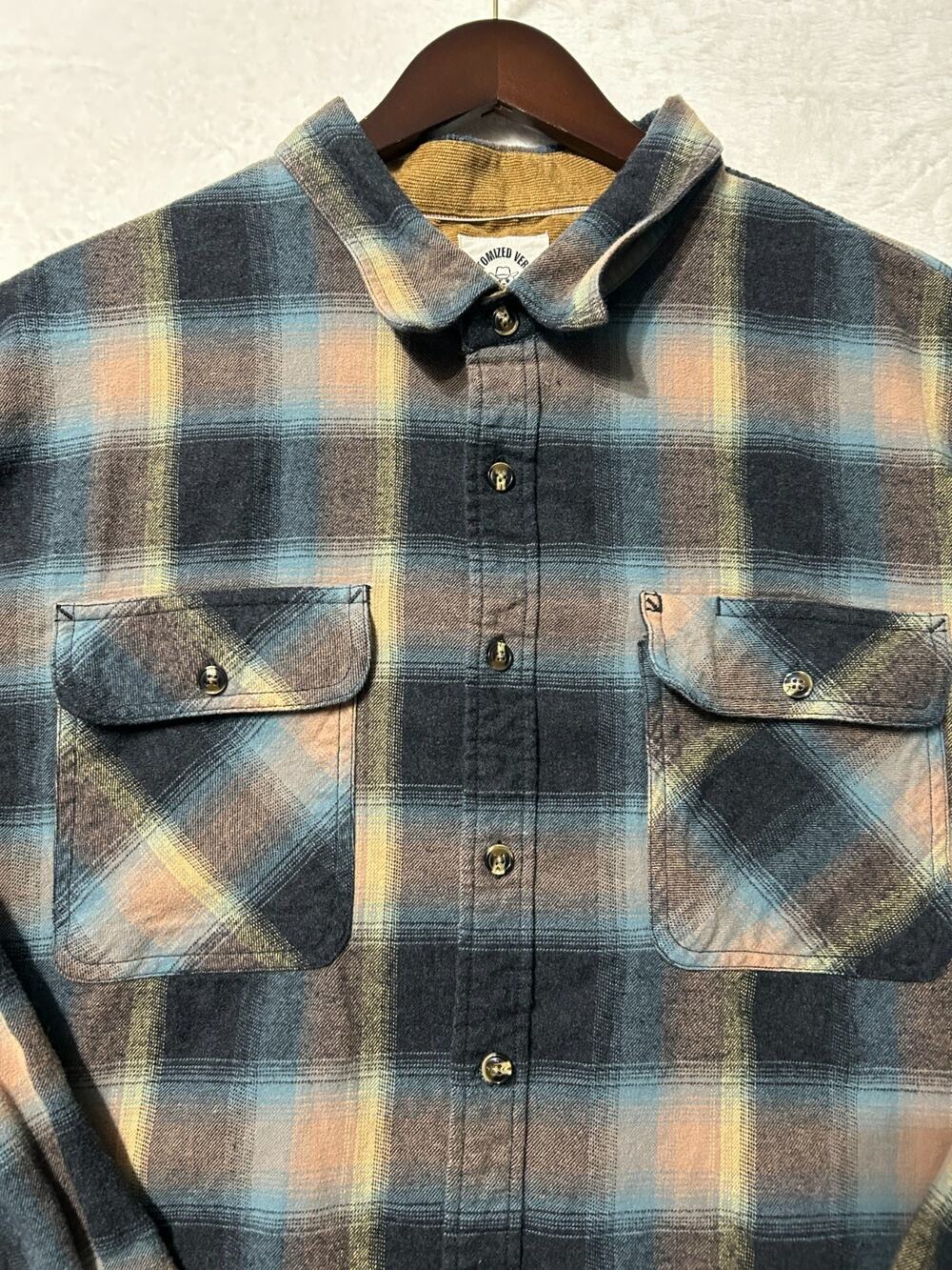 Dubinik Mens 3XL Tan Blue Cotton Flannel Shirt Corduroy Collar